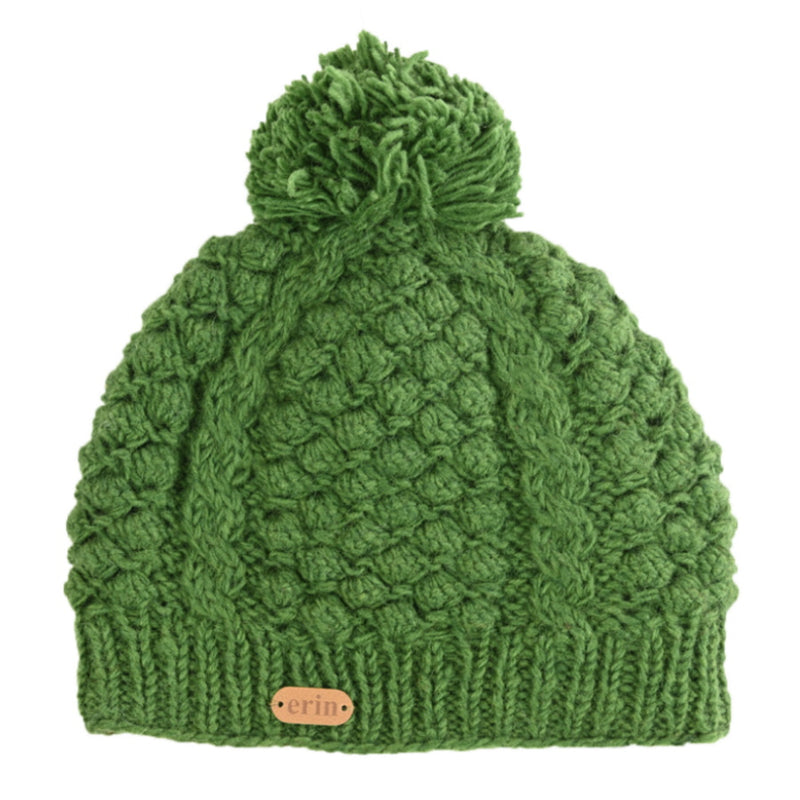 Aran Cable Knit Bobble Hat - Green