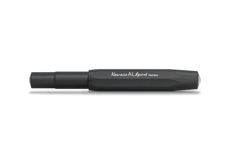 gel roller pen is lightweight as it is made from aluminium. Matt black. Closed with cap on. 