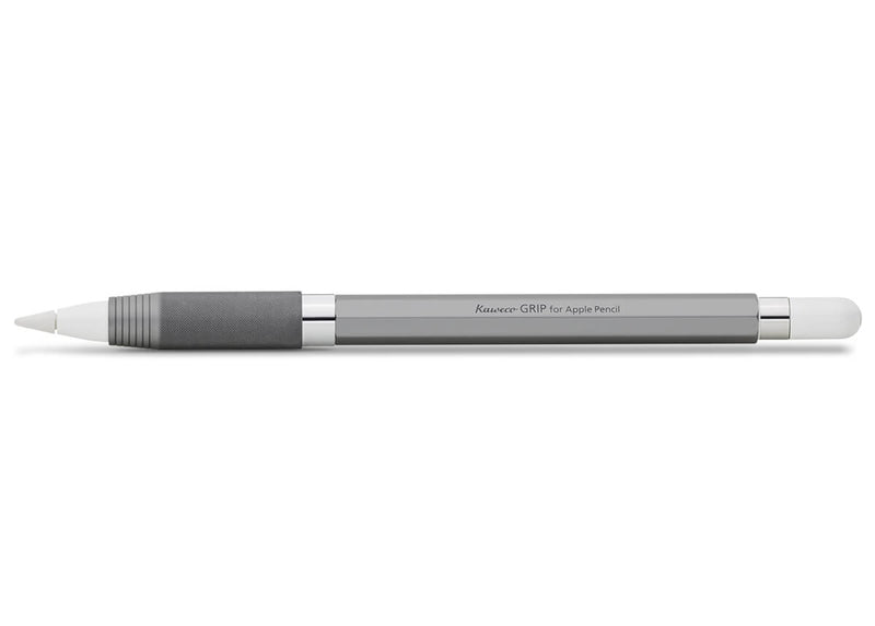 The Apple Pencil Grip from Kaweco, a quality German pen manufacturer, is a protective, comfortable sleeve that screws  onto your 1st generation Apple pencil. Its made of aluminium and is ergonomic. Image of pen. 
