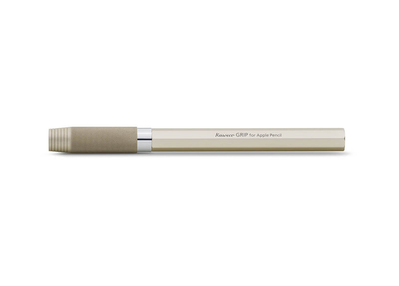 The Apple Pencil Grip from Kaweco, a quality German pen manufacturer, is a protective, comfortable sleeve that screws onto your 1st generation Apple pencil. Its made of aluminium and is ergonomic. Shown without pencil.