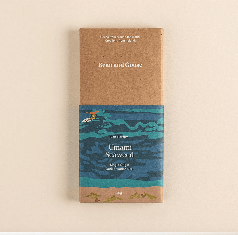 A luxurious 62% Cocoa dark chocolate bar made from sustainably sourced, single origin, Ecuadorian chocolate. Flavoured with sea salt from Achill Island, and a combination of Connemara seaweed - Sweet kelp, kombu kelp, and Dilisk.