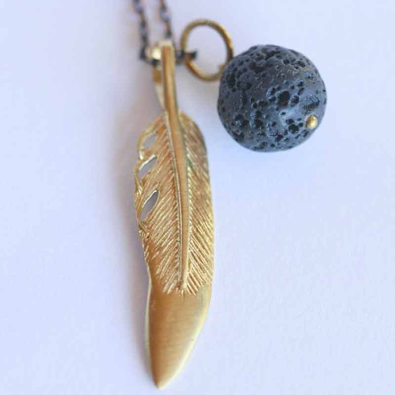 brass feather and aromatherapy necklace