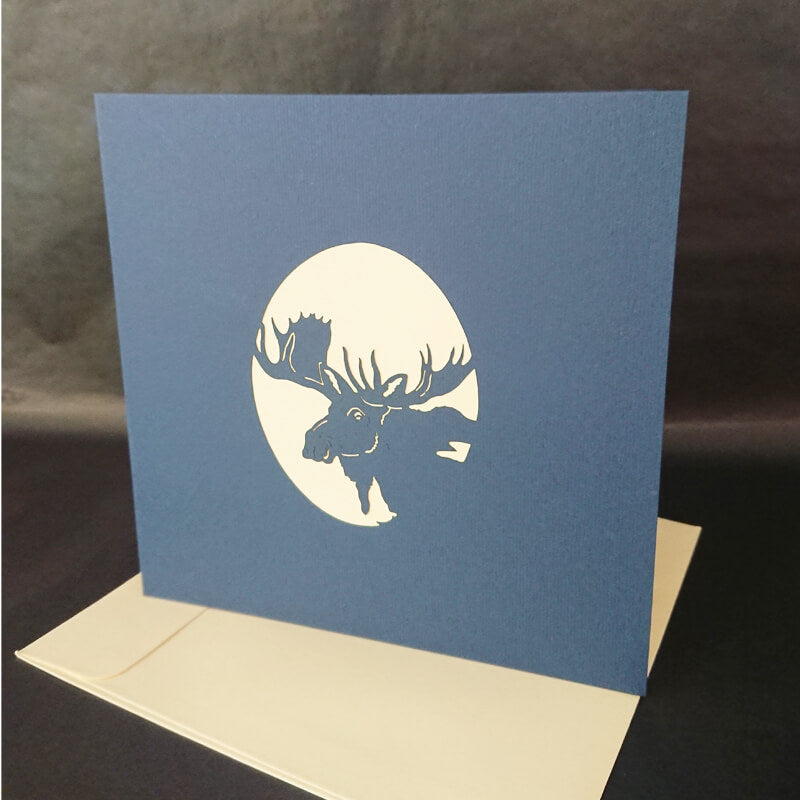 A striking graphic card which opens to reveal a large popup moose. 