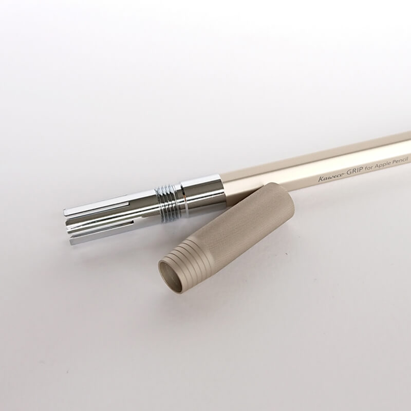 The Apple Pencil Grip from Kaweco, a quality German pen manufacturer, is a protective, comfortable sleeve that screws onto your 1st generation Apple pencil. Its made of aluminium and is ergonomic. Shown open. 
