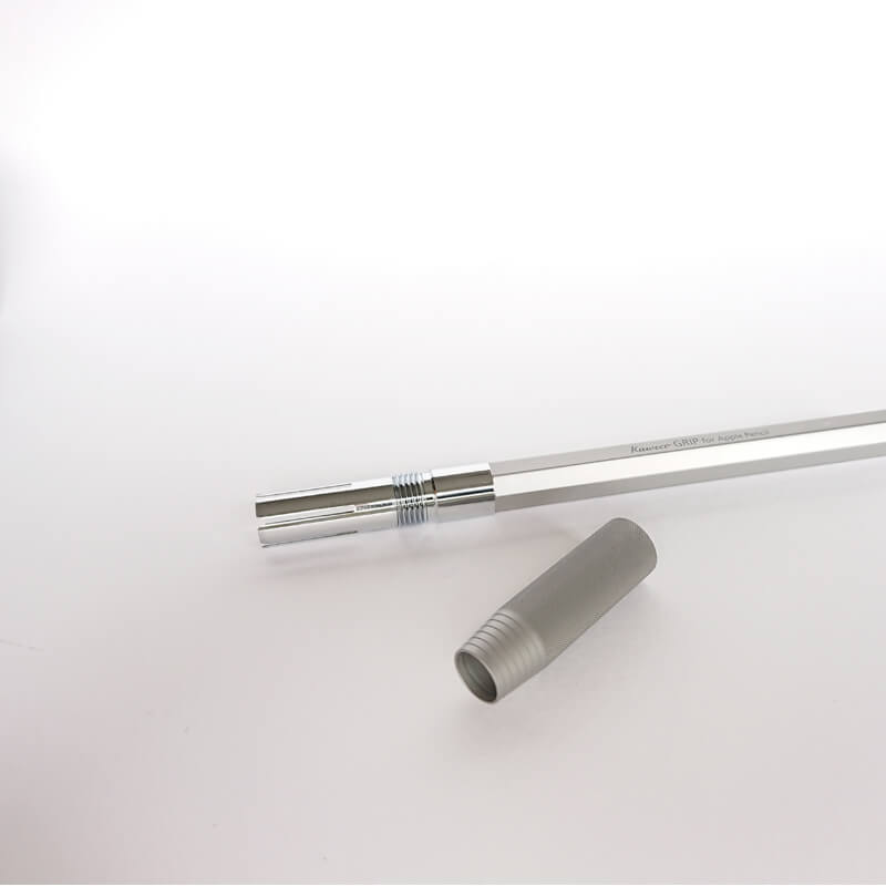The Apple Pencil Grip from Kaweco, a quality German pen manufacturer, is a protective, comfortable sleeve that screws  onto your 1st generation Apple pencil. Its made of aluminium and is ergonomic. Grip disassembled. 