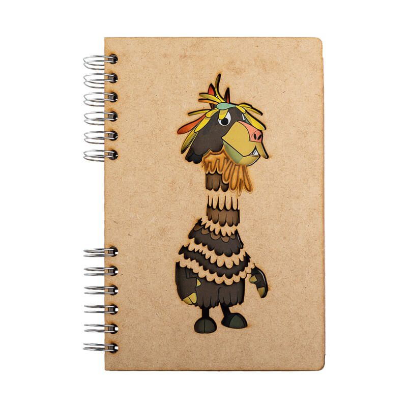 A funky notebook made with FSC certified 100% recycled paper. The cover is made of FSC certified wood (MDF) and engraved with laser, featuring a llama.