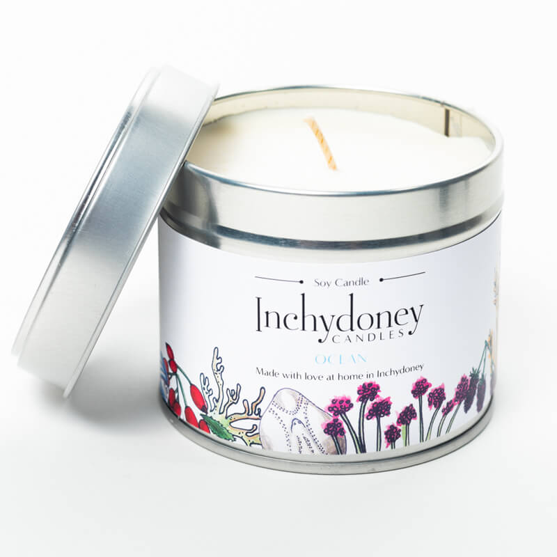 Bring the fresh scent of the ocean into your home. This candle comes in a tin, so you can bring it with you on your holidays.  Made in Inchydoney using 100% soy wax and essential oil. 